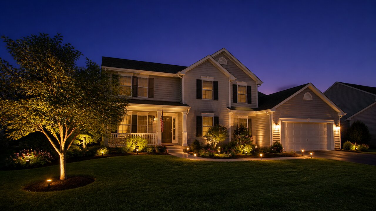 A tree-lined upscale Cincinnati street at twilight with several homes illuminated by professional outdoor landscape lighting