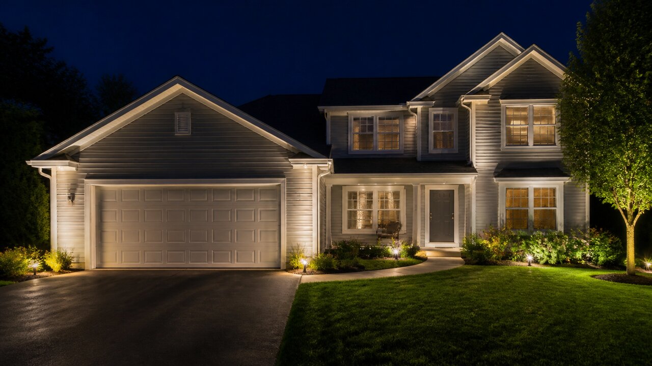 A long curved driveway and side yard of an upscale Cincinnati estate at twilight, illuminated tastefully with warm-amber floodlighting