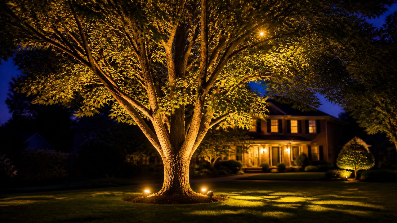 Massive mature oak tree at twilight, dramatically uplit from the base with warm-amber landscape lighting revealing its full canopy structure