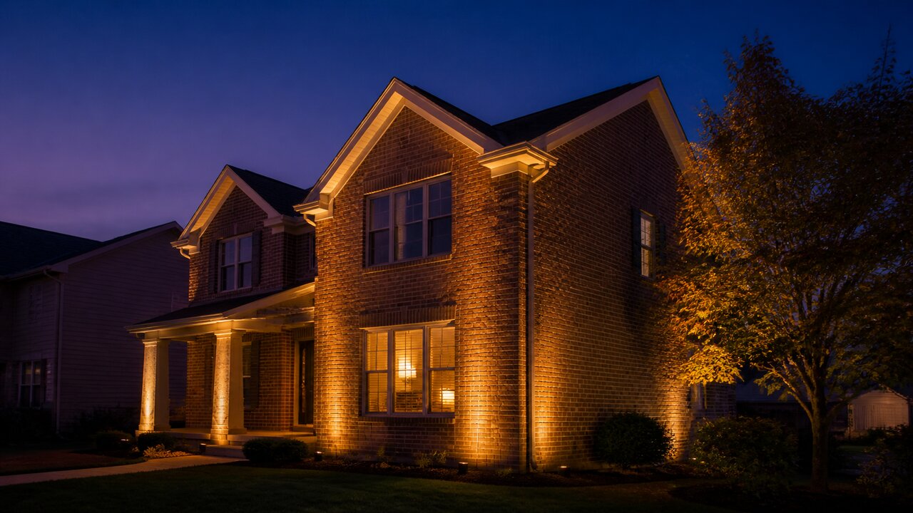 Upscale Cincinnati brick and limestone home facade at twilight, illuminated by warm-amber architectural uplighting revealing column depth and brick texture